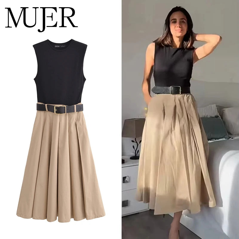 Robe midi èlegante plissèe avec ceinture-Femme