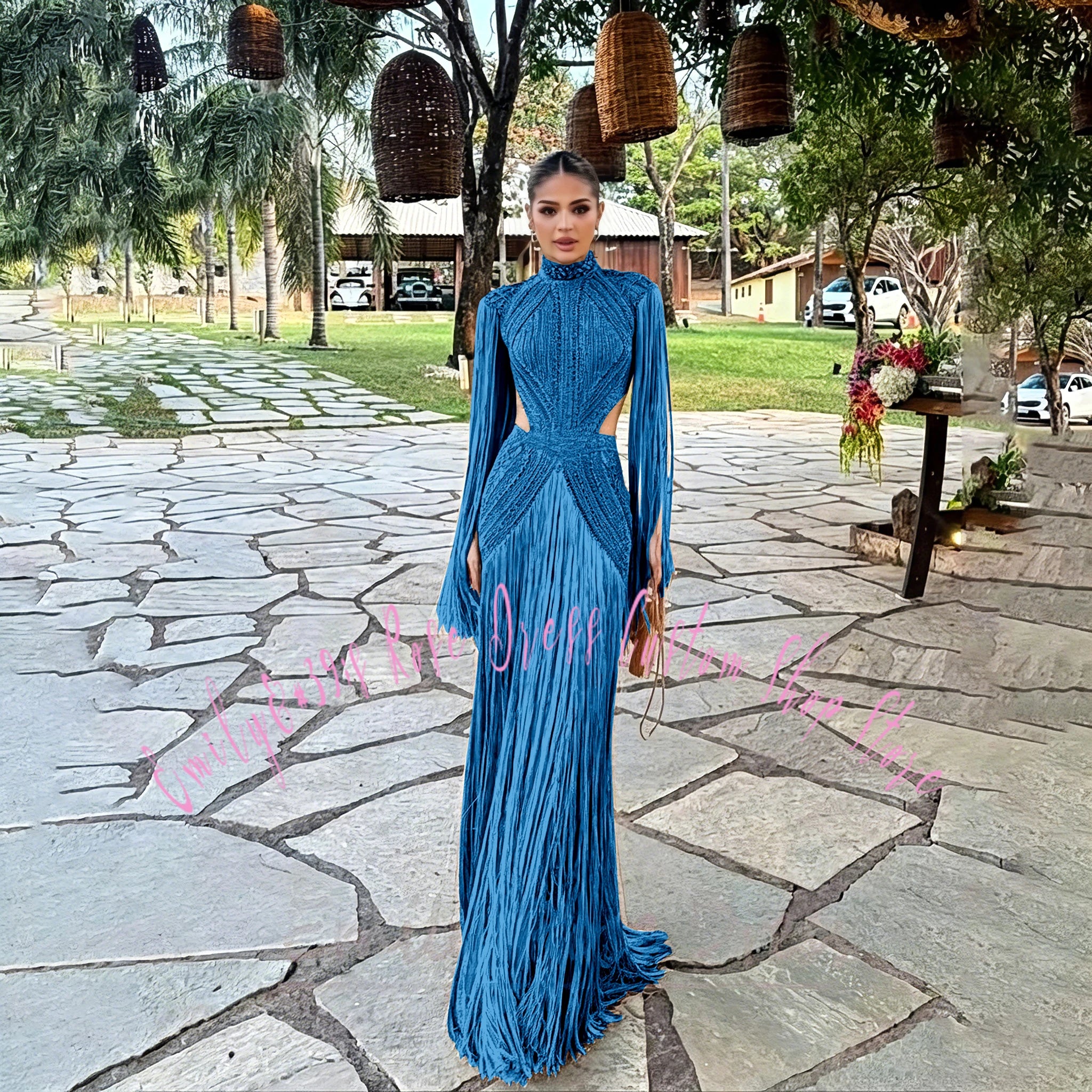 Robe élégante avec perles et manches longues pour cérémonie